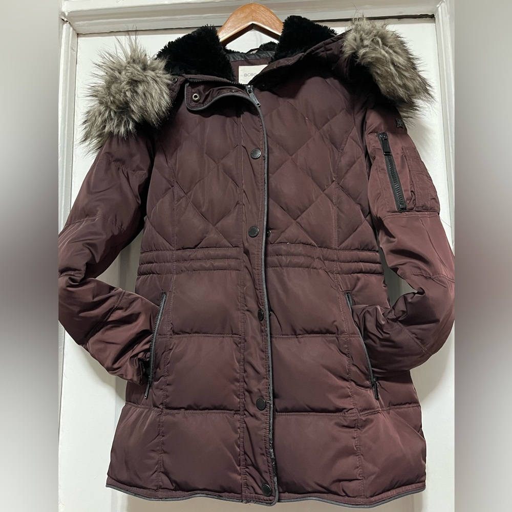 BCBGeneration Burgundy Puffer Jacket with Faux Fur Hood